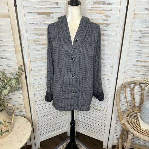 HABITAT Women's L Double Face Windowpane Relaxed Jacket Artsy Lagenlook Gray Blk - Picture 2 of 16